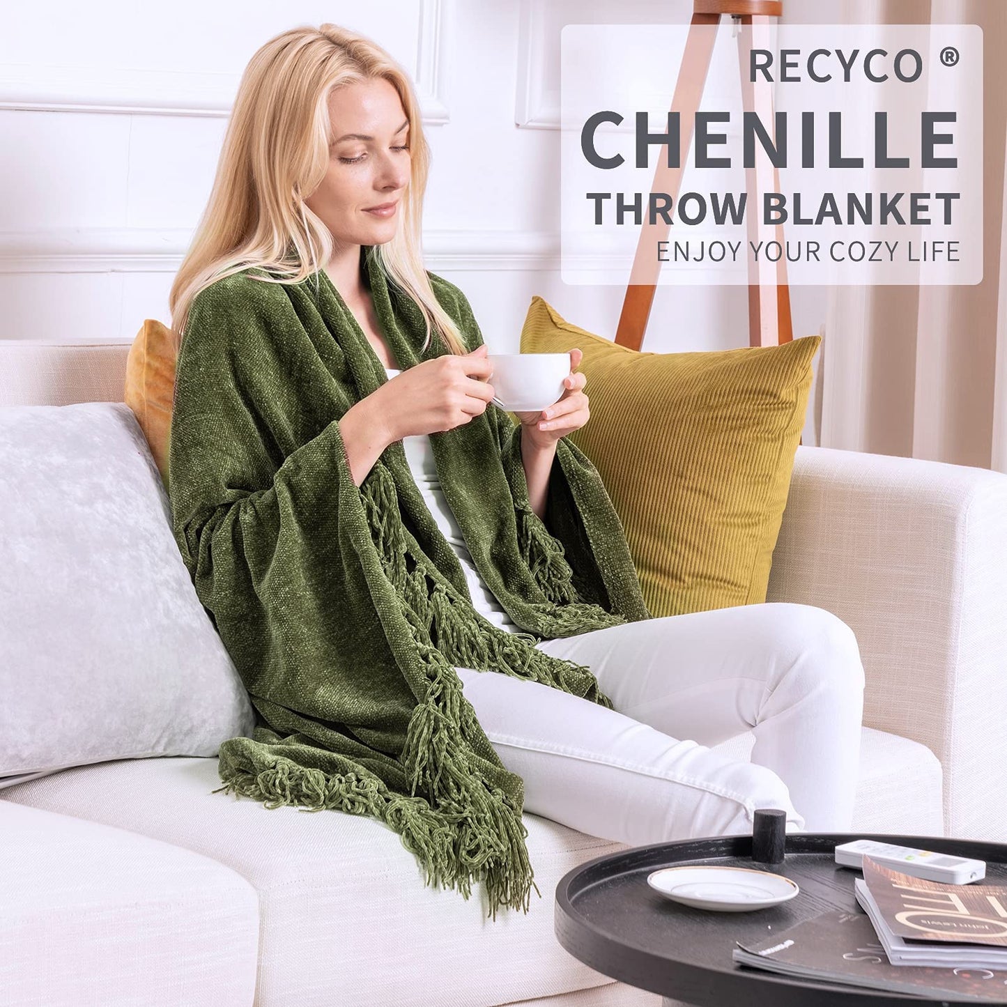 RECYCO Chenille Throw Blanket with Tassels Soft Cozy Sofa Chair Bed Gift, 203x152cm, Olive Green