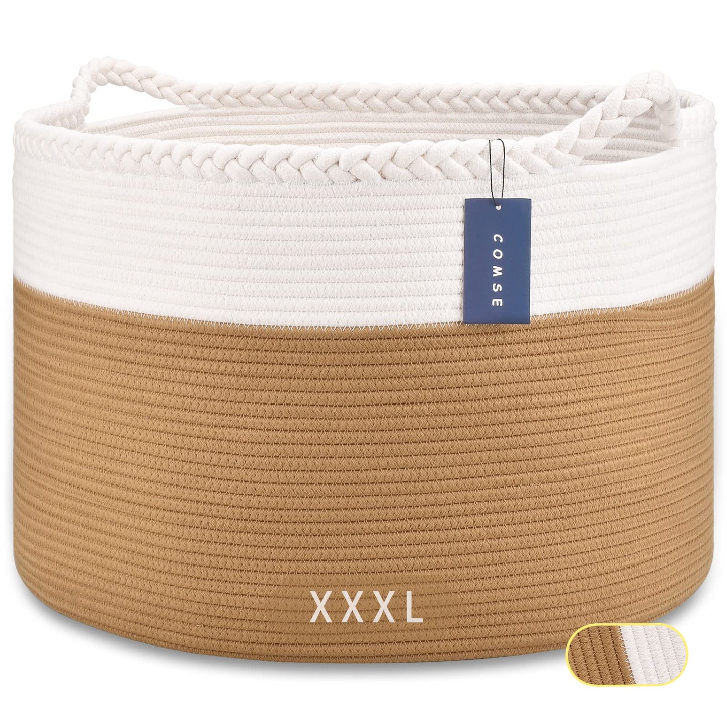 COMSE Extra Large Blanket Basket, Storage Basket, Large Laundry Basket, 55 x 35 CM, Cotton Rope Basket, Blanket Storage for Living Room, Toy Basket, Woven Basket, Clothes Baskets, White/Camel White & Camel