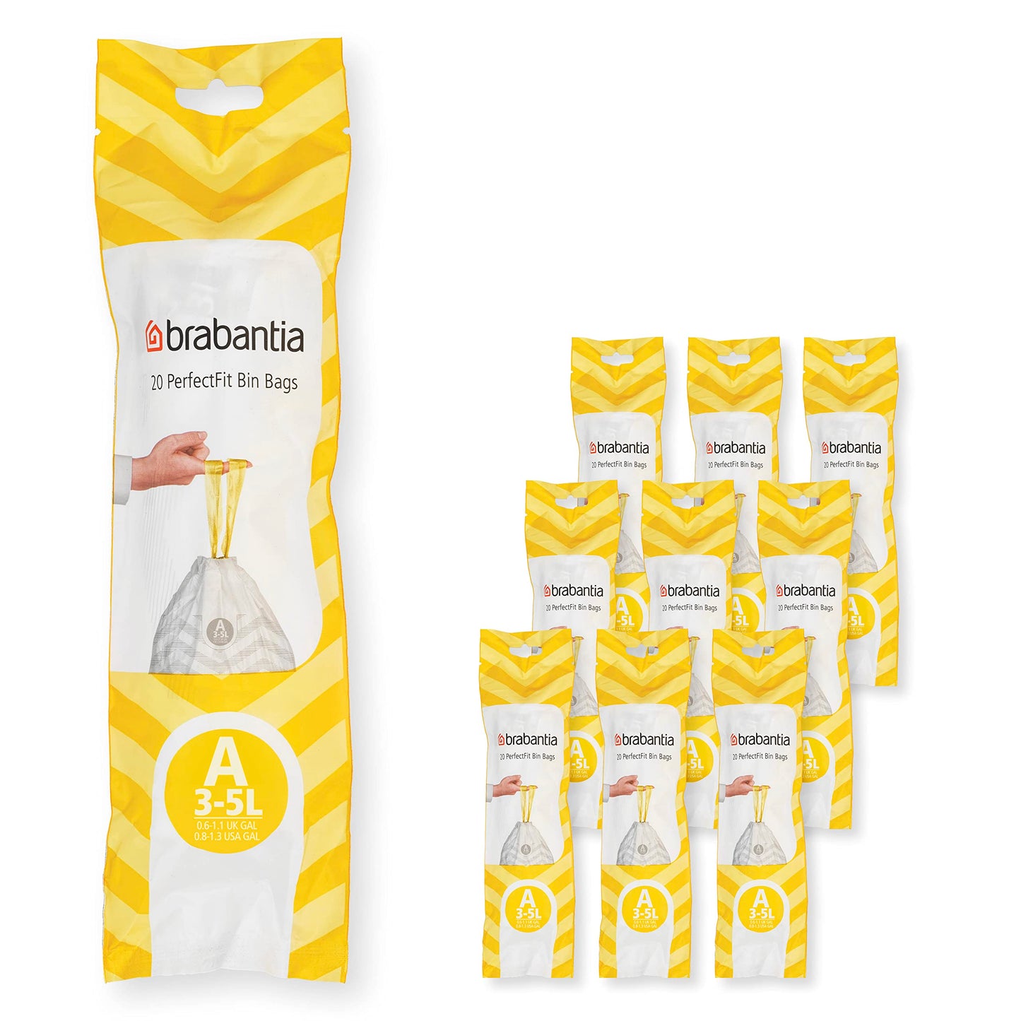 Brabantia PerfectFit Bin Liners Multipack (Size A/3 Litre) Thick Plastic Trash Bags with Tie Tape Drawstring Handles (200 Bags), White - Code a, (137648) 1 count (Pack of 1)