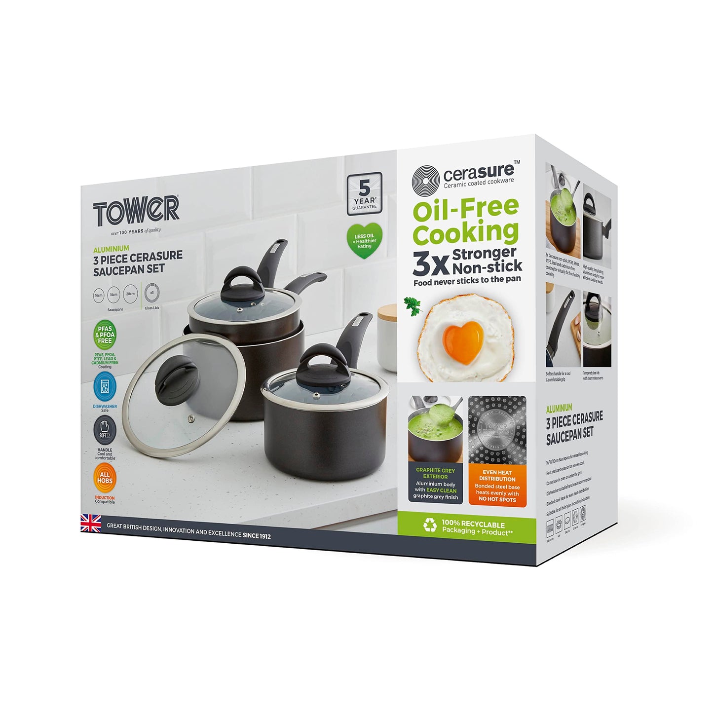 Tower T80302 Cerasure 3 Piece Saucepan Set with Non-Stick Coating, Suitable for All Hob Types Including Induction, 16/18/20cm, Graphite 3 Piece Set