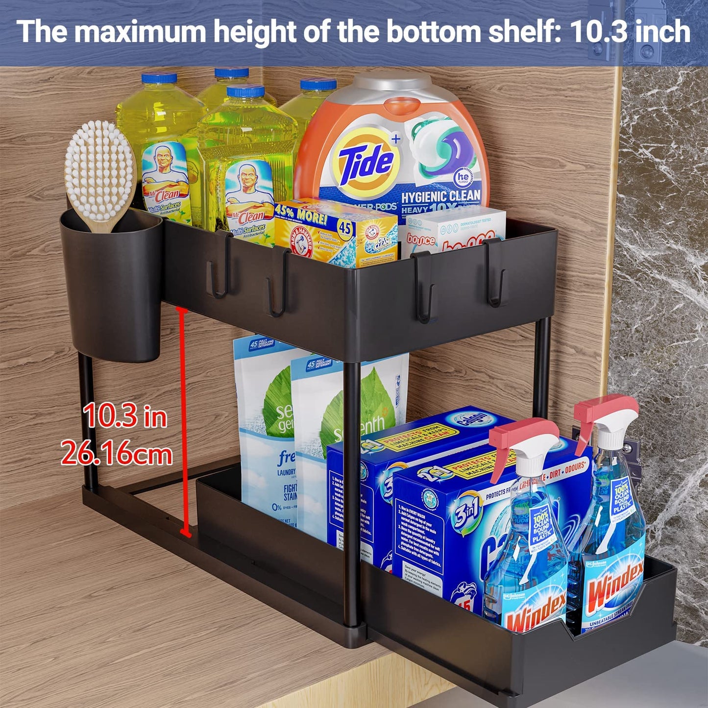 Puricon 2 Pack Under Sink Storage Kitchen Organiser, 2 Tier Under Sink Shelf with Slide Out Drawer, Multi-Purpose Under Sink Bathroom Storage Rack for Countertop Laundry -Black Black