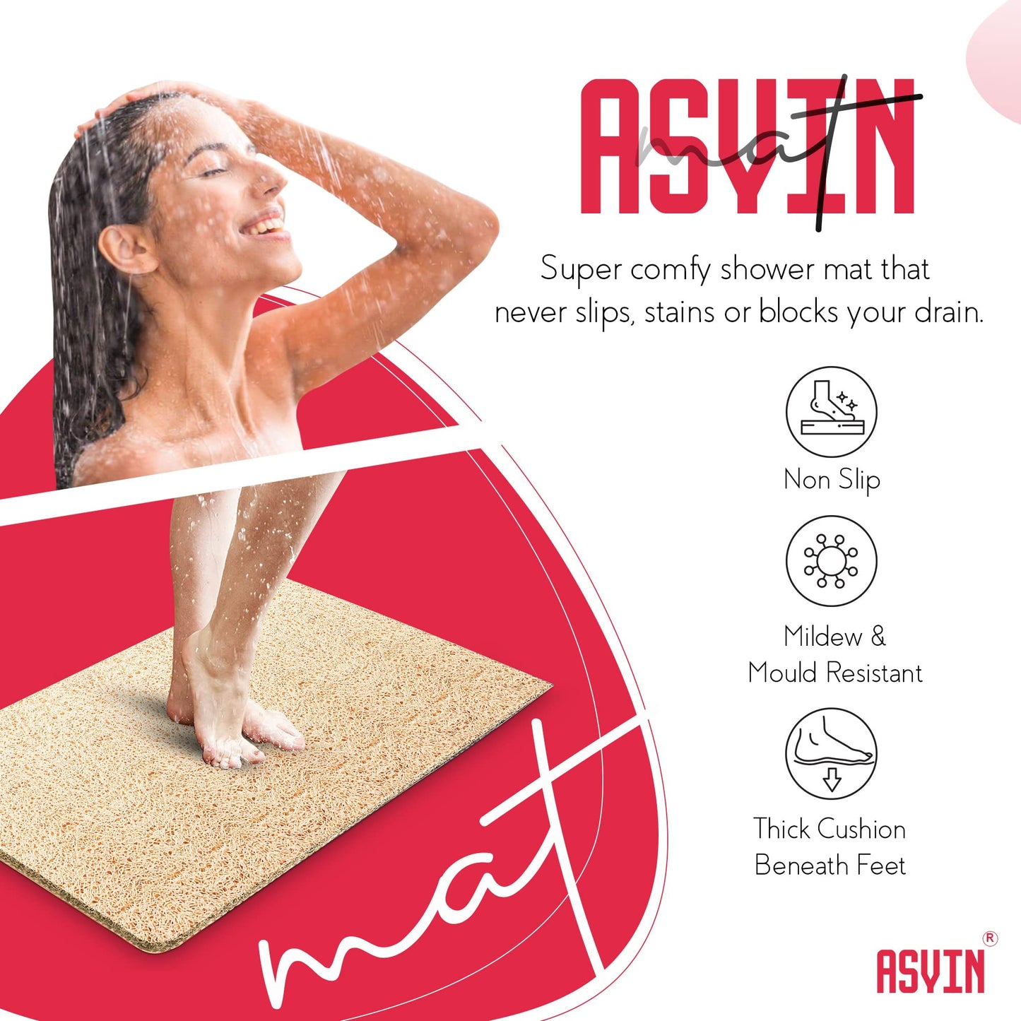 Asvin Soft Textured Anti Slip Bath & Shower Mat for Inside Shower & Wet Areas (40x60cm Beige) Phthalate Free Rubber Loofah Bathroom Mats for Slippery Surfaces Quick Dry Antibacterial & Mould Resistant 40cm x 60cm