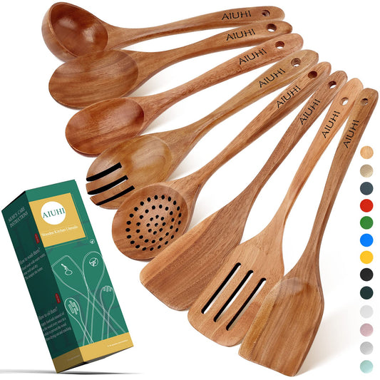 Wood Spoons for Cooking,Nonstick Kitchen Utensil Set,Wooden Spoons Cooking Utensil Set Non Scratch Natural Teak Wooden Utensils for Cooking(Teak 8 Pack) Teak 8 Pack