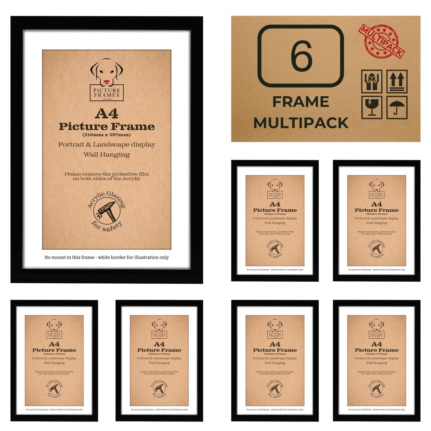 A4 Black Picture Frames Multipack - 6-Pack, Versatile Orientation, 21 x 29.7 cm Display, Wall Mount & Desk Stand A4