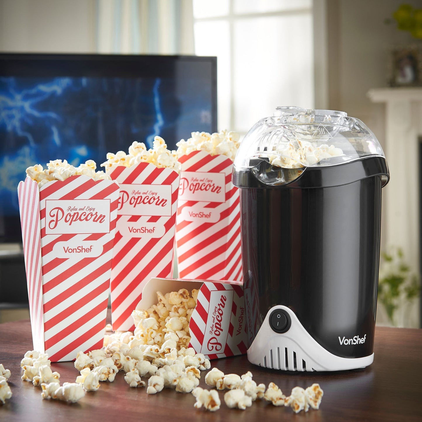 VonShef Popcorn Maker – 1200W Popcorn Machine with Hot Air Circulation, One Touch Popcorn Popper, Fat & Oil Free Snacks for Kids w/ 6 Boxes - Black