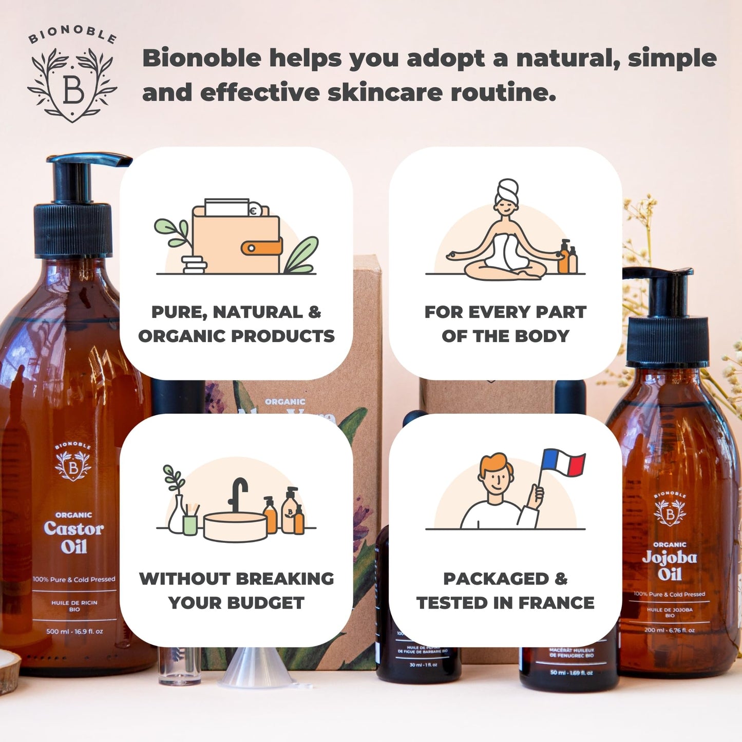 Bionoble Organic Jojoba Oil 100ml - 100% Pure, Natural and Cold Pressed - Face, Body, Hair, Beard, Nails - Vegan and Cruelty Free - Glass Bottle + Pipette + Pump 100 ml (Pack of 1)