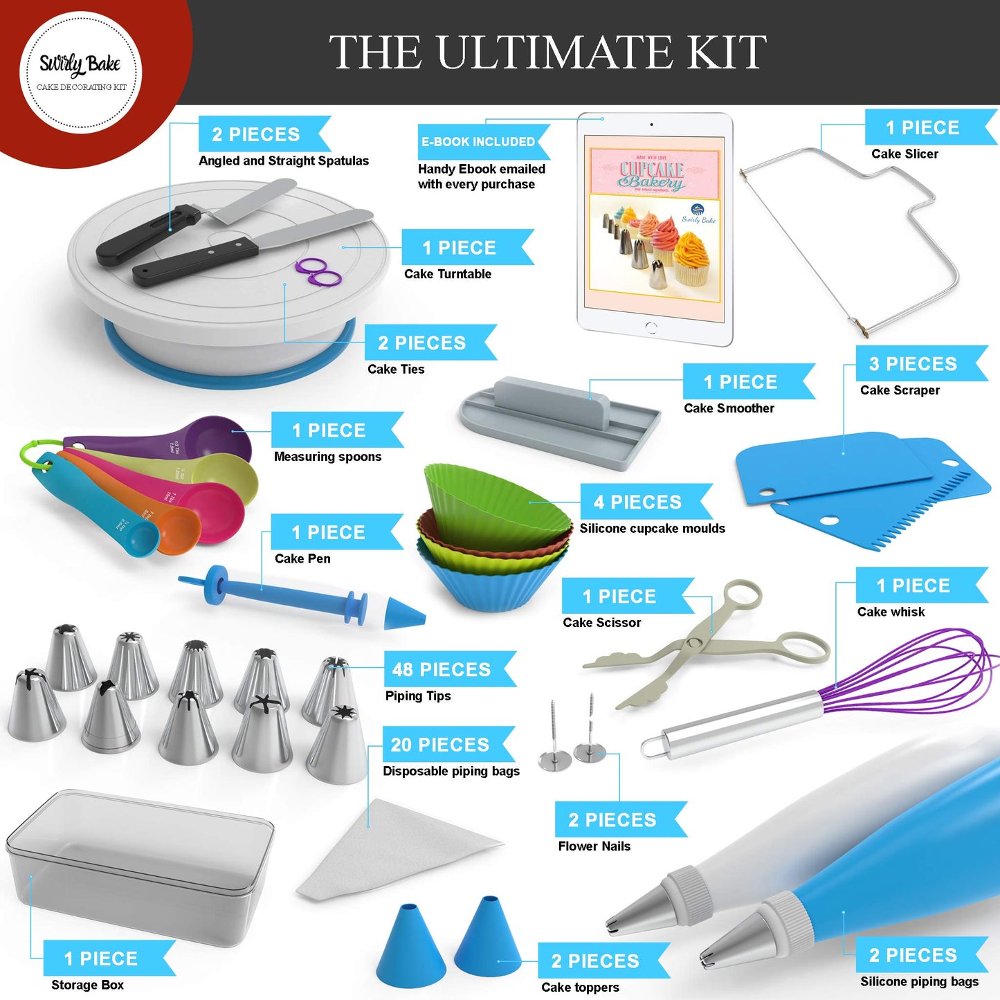 Swirly Bake Cake Decorating 100 Piece Set. Piping Tips, Cake Turntable, Piping Bags, Spatulas, Cupcake Mould, Cake Slicer, Whisk, Measuring Spoons. E-Book Included.