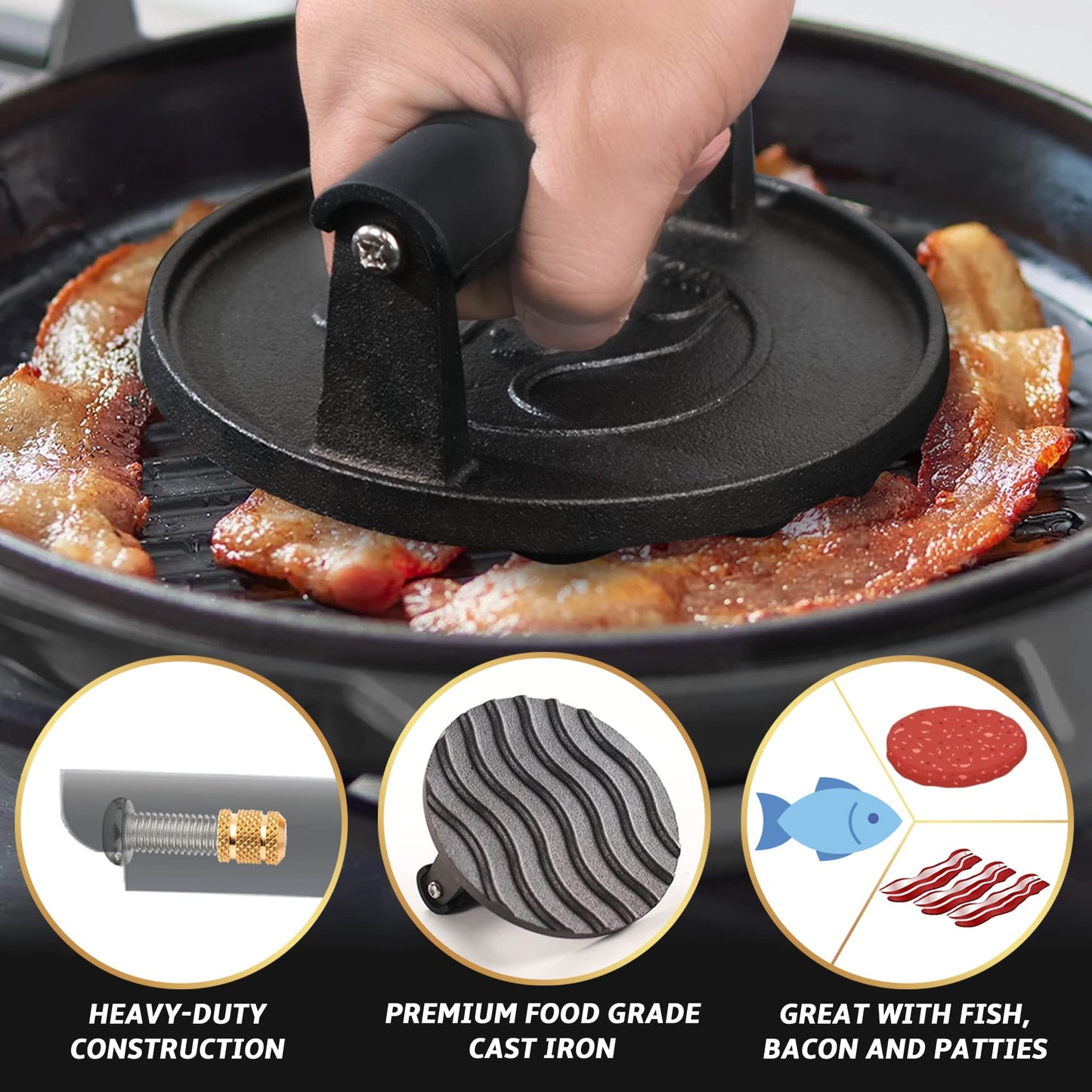 0.9kg Smash Burger Press for Griddle, Heavy Duty Hamburger Press w/Heat Resistant Handle, Cast Iron Grill Press,Bacon Press, Round Burger Smasher for Griddle, Meat Press, BBQ Grilling Accessories Burger Press Cast Iron