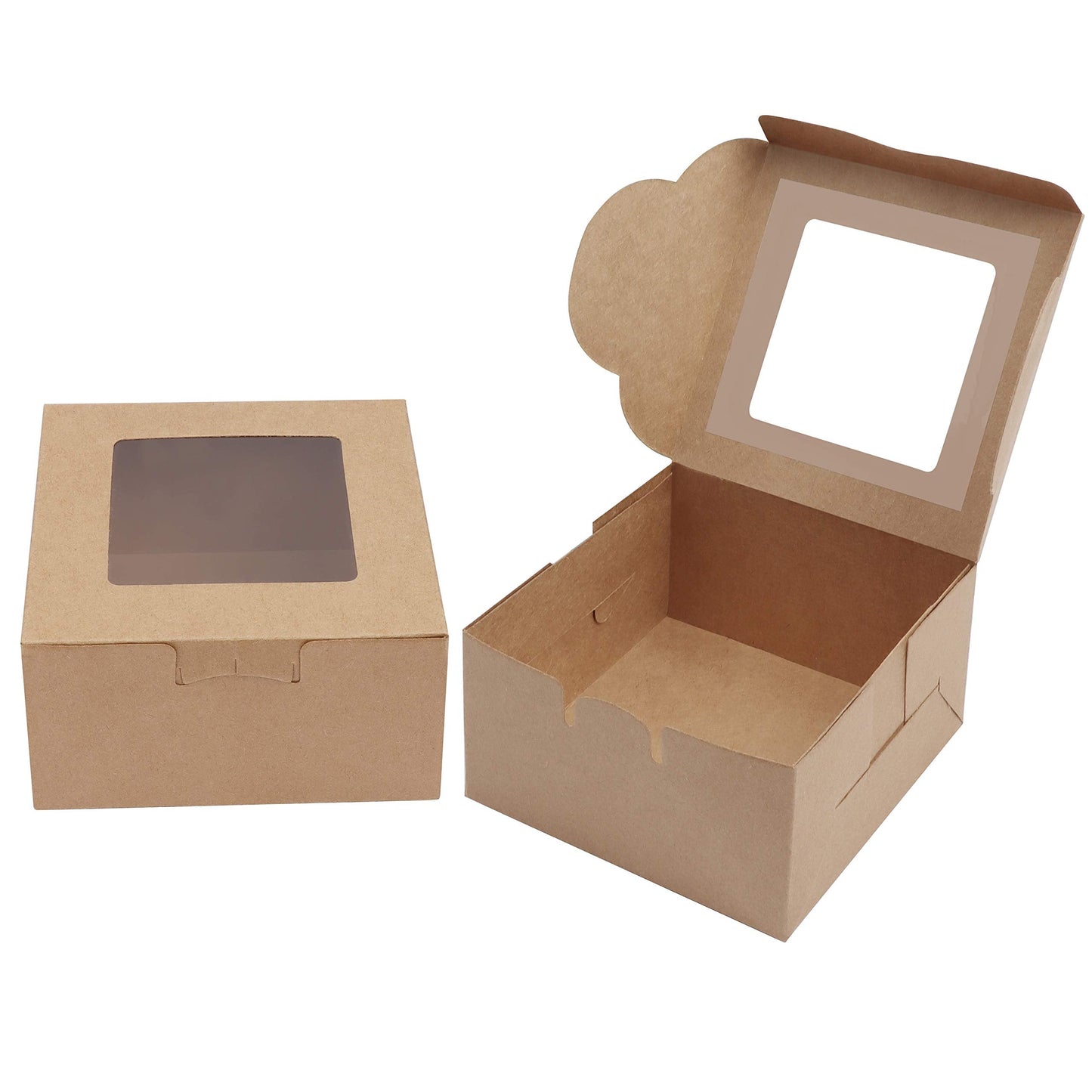 BELLE VOUS Brown Paper Kraft Single Bakery Pastry Boxes with Windows (50 Pack) - 10.16 x 10.16 x 5.7cm/ 4 x 4 x 2.24 inches - Disposable Packaging Boxes for Cookies, Cup Cakes, Desserts, Pies & Gifts