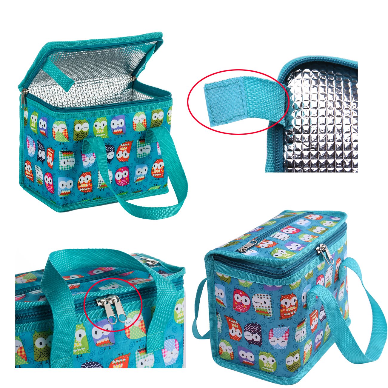 TEAMOOK Folding Lunch Bag Insulated Lunch Box Cool Bag Green Owl 6 cans Big Eyes Owl