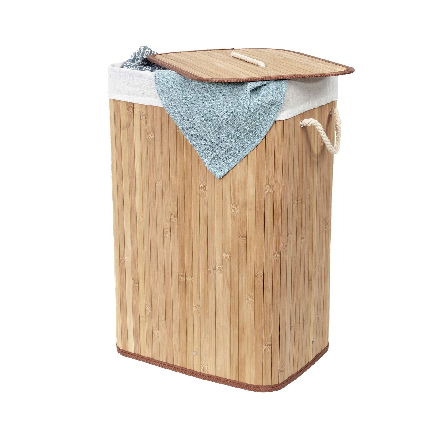 Compactor Bamboo Laundry Basket with Lid, Foldable Washing Hamper for Storing Clothes and Linen in Bedrooms and Bathrooms, Removable Liner and Rope Handles, Natural Brown Square