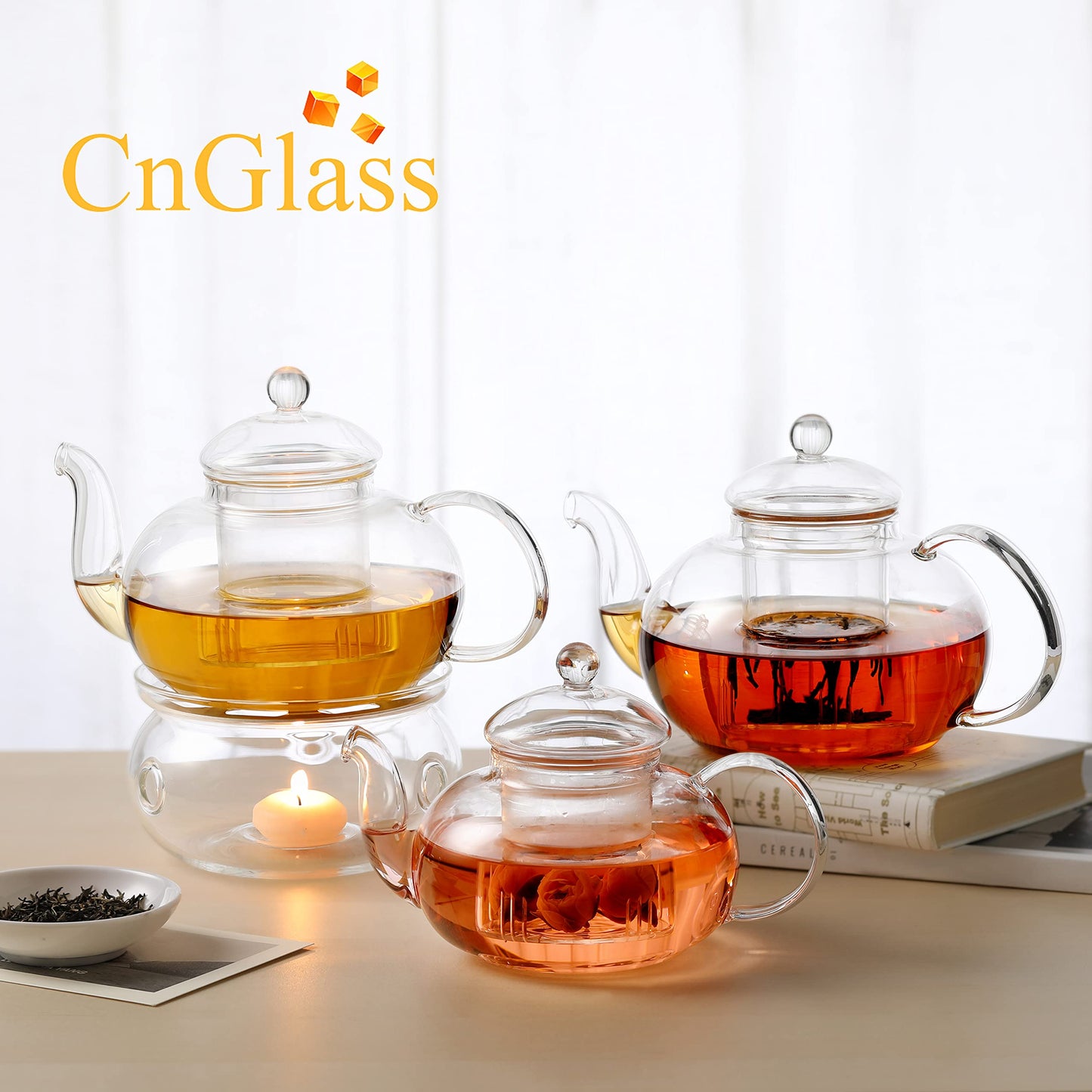 CnGlass Glass Teapot Stovetop Safe,Clear Teapot with Removable Infuser 600ML/20.3OZ,Borosilicate Glass Teapot with Strainer for Loose Tea and Blooming Tea Maker