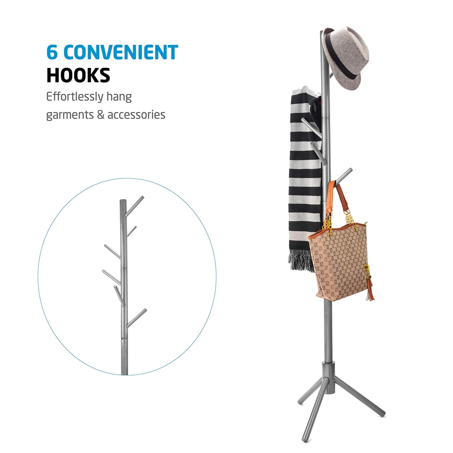 High-Grade Wooden Tree Coat Rack Stand, 6 Hooks - Super Easy Assembly NO Tools Required - 3 Adjustable Sizes Free Standing Coat Stand, Hallway Coat Hanger Hat Stand, for Handbag, Clothes & Accessories Grey