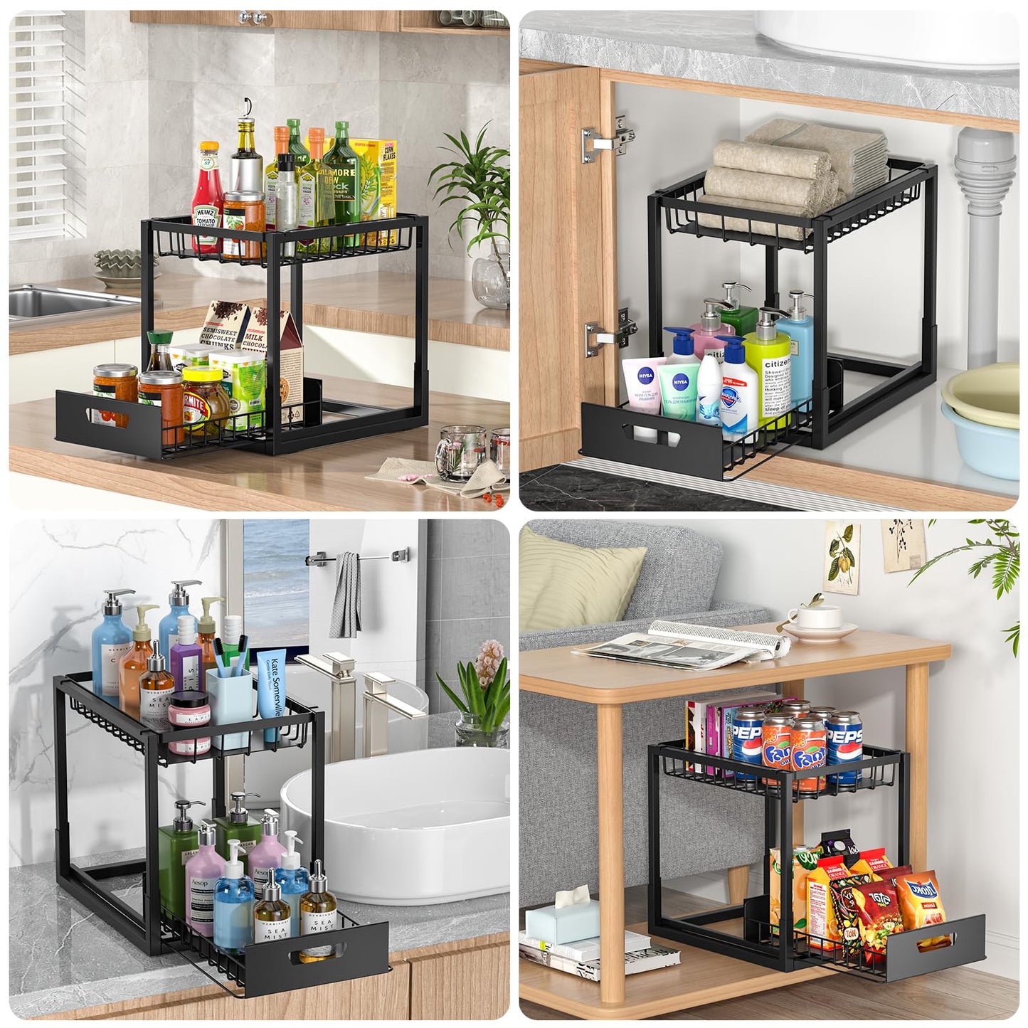 Avaspot Metal Under Sink Storage, 2 Tier Under Sink Organiser Comes with 4 Non-Slip Pads and Slide Out Drawer, 2 Plastic Liners for Small Items for Kitchen/Bathroom Black