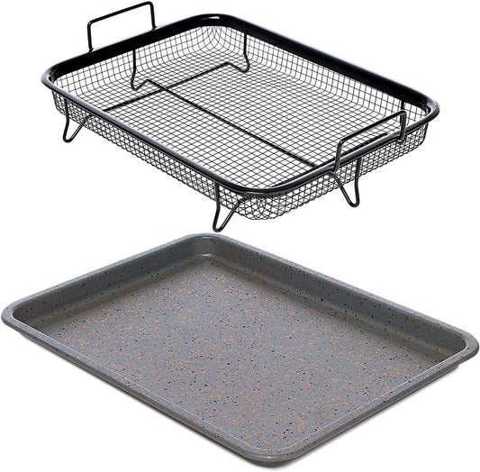 Home Icon Non Stick Oven Grill Tray - Elevated Grill Tray for Oven for Crunchy Crisps without Oil - Chip Tray with Ceramic Baking Tray for Easy Cleaning, Crisper Basket for Oven Crispers - 2pc Set