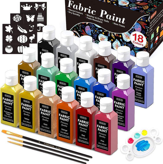 Shuttle Art Fabric Paint Permanent for Clothes, 18 Colours Fabric Paints in Bottles (60ml/2oz) with Brushes, Palette, Stencils, Non-Toxic Textile Paints for T-Shirt, Shoes, Bag, Jeans, No Heating Need