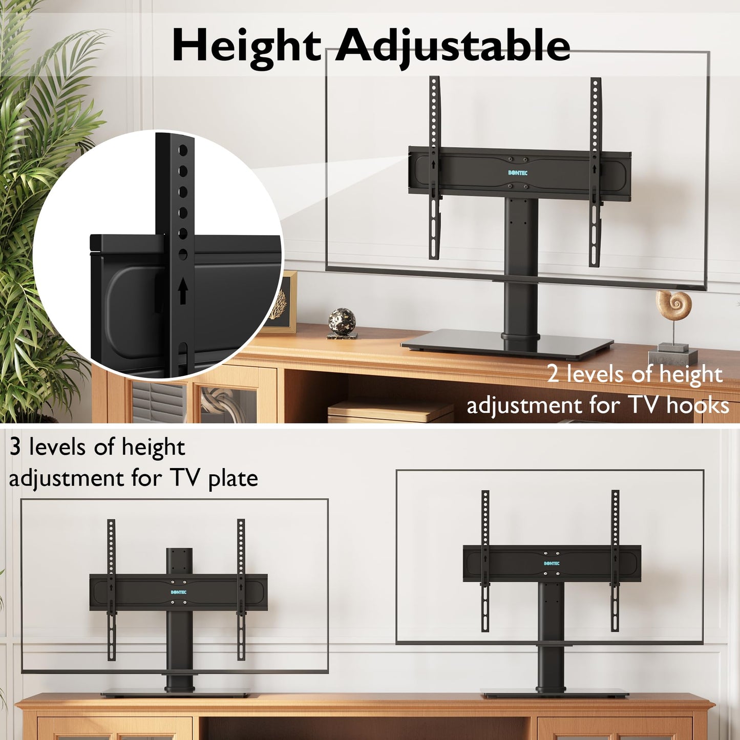 BONTEC Universal Table Top Pedestal TV Stand with Bracket for 26”-55” LCD/LED/Plasma TVs-Height Adjustable stand with 8mm Tempered Glass Base & Cable Management-Holds 40 KG & Max.VESA 400x400mm Black