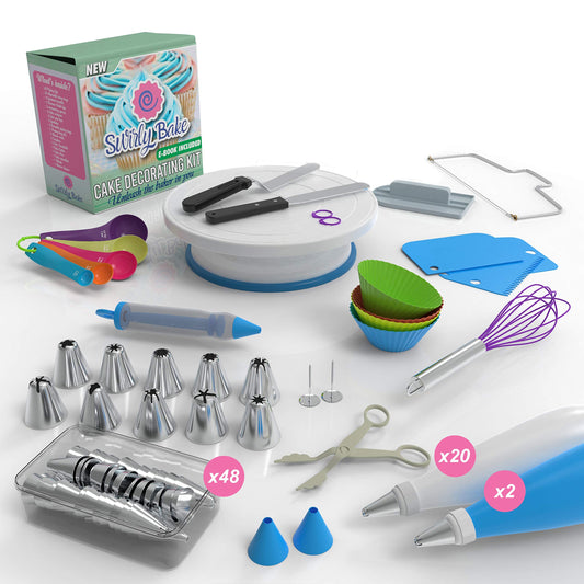 Swirly Bake Cake Decorating 100 Piece Set. Piping Tips, Cake Turntable, Piping Bags, Spatulas, Cupcake Mould, Cake Slicer, Whisk, Measuring Spoons. E-Book Included.