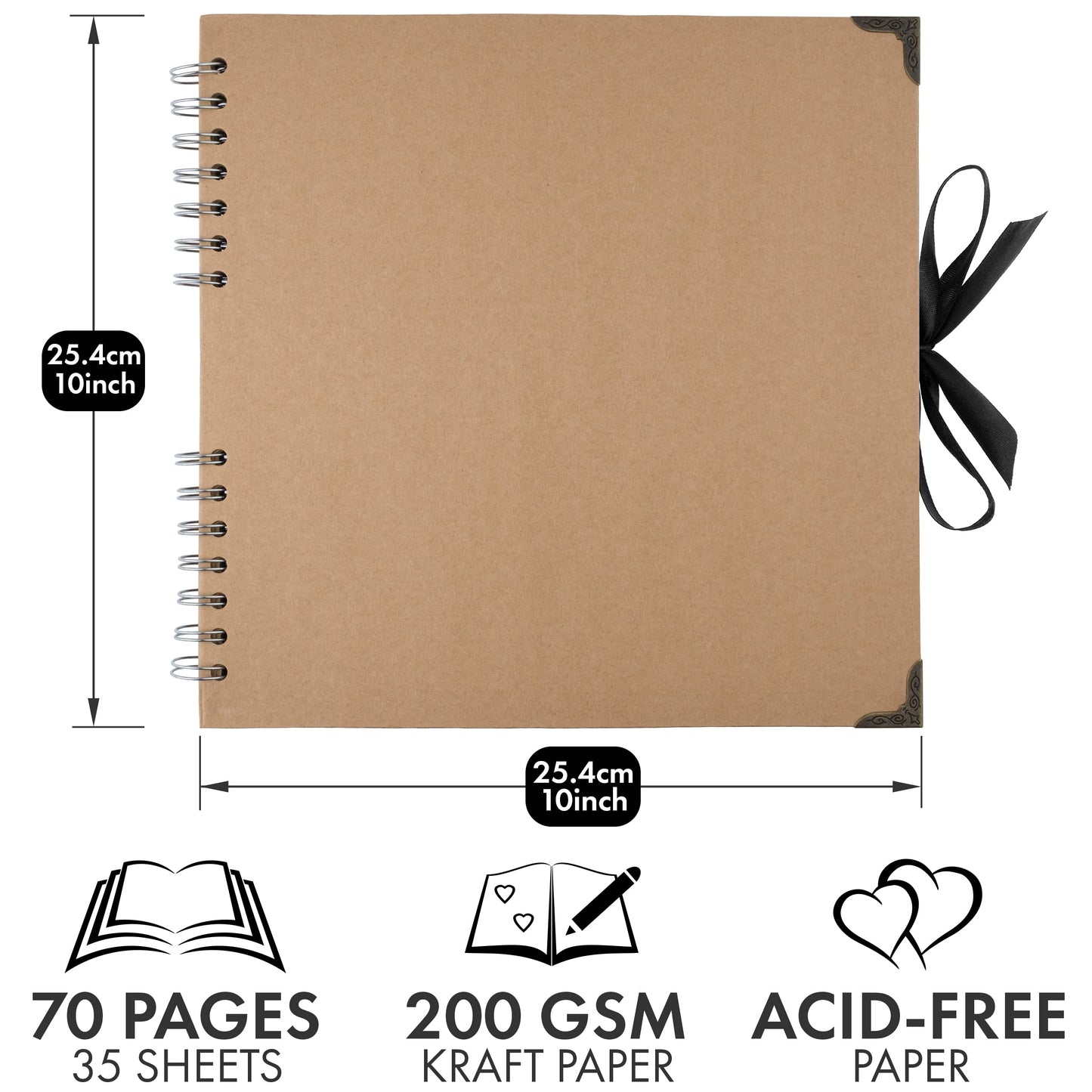 Bstorify Large Scrapbook, 25.4 x 25.4 Cm, 70 Pages Brown Thick Kraft Paper, Memory Book, Ribbon Closure - Ideal for Your Scrapbooking, Art & Craft Projects (Brown, 25.4 x 25.4 Cm)