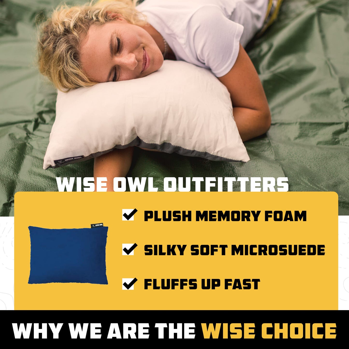 Wise Owl Outfitters Camping Pillow - Memory Foam Travel Pillow for Neck Support, Sleeping, Hiking and Aeroplane Use - Medium Blue M (Pack of 1)