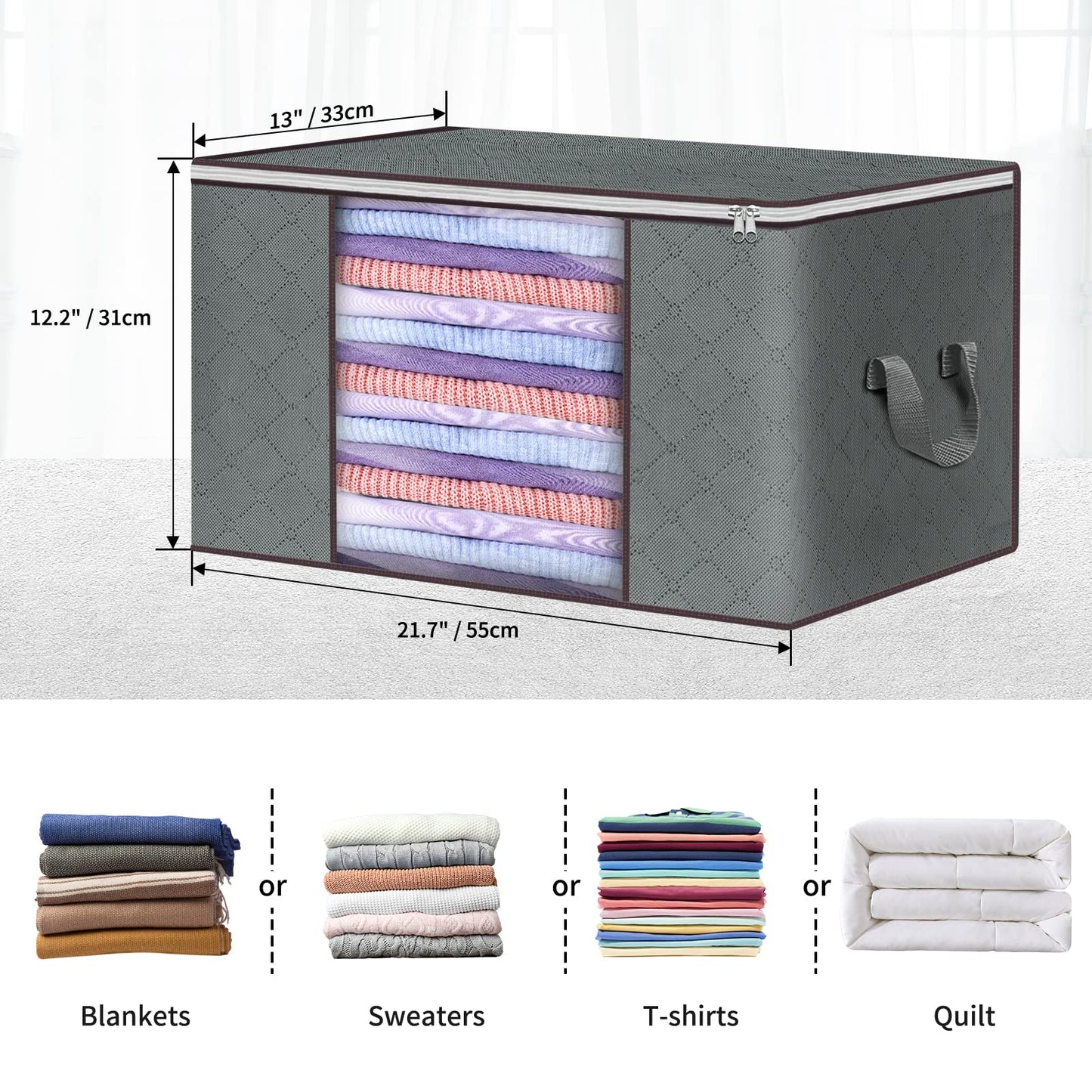 6 Pack Clothes Storage Bags Large Capacity Storage Boxes with Lid Foldable Packing Boxes for Moving House with Durable Handles Thick Fabric for Duvet Clothing Bedding Gray 6 Pack