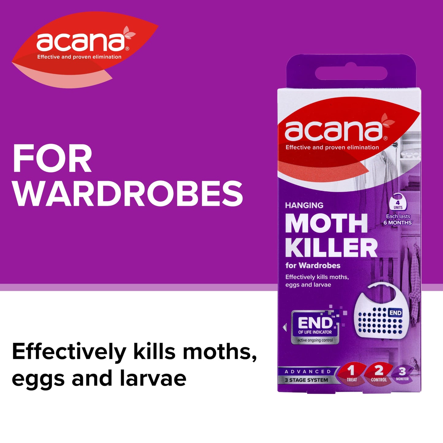 Acana Hanging Moth Killer & Freshener, 4 Pack - Lavender Fragrance, Natural Oils - For Wardrobes - Protects Clothing & Bedding - Each Lasts 6 Months Wardrobe Option