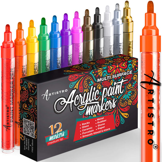 ARTISTRO Acrylic Paint Pens for Rock Painting, Stone, Ceramic, Glass, Wood, Fabric, Canvas, Porcelain. Set of 12 Acrylic Paint Markers Medium Tip 12 Pack Medium Tip