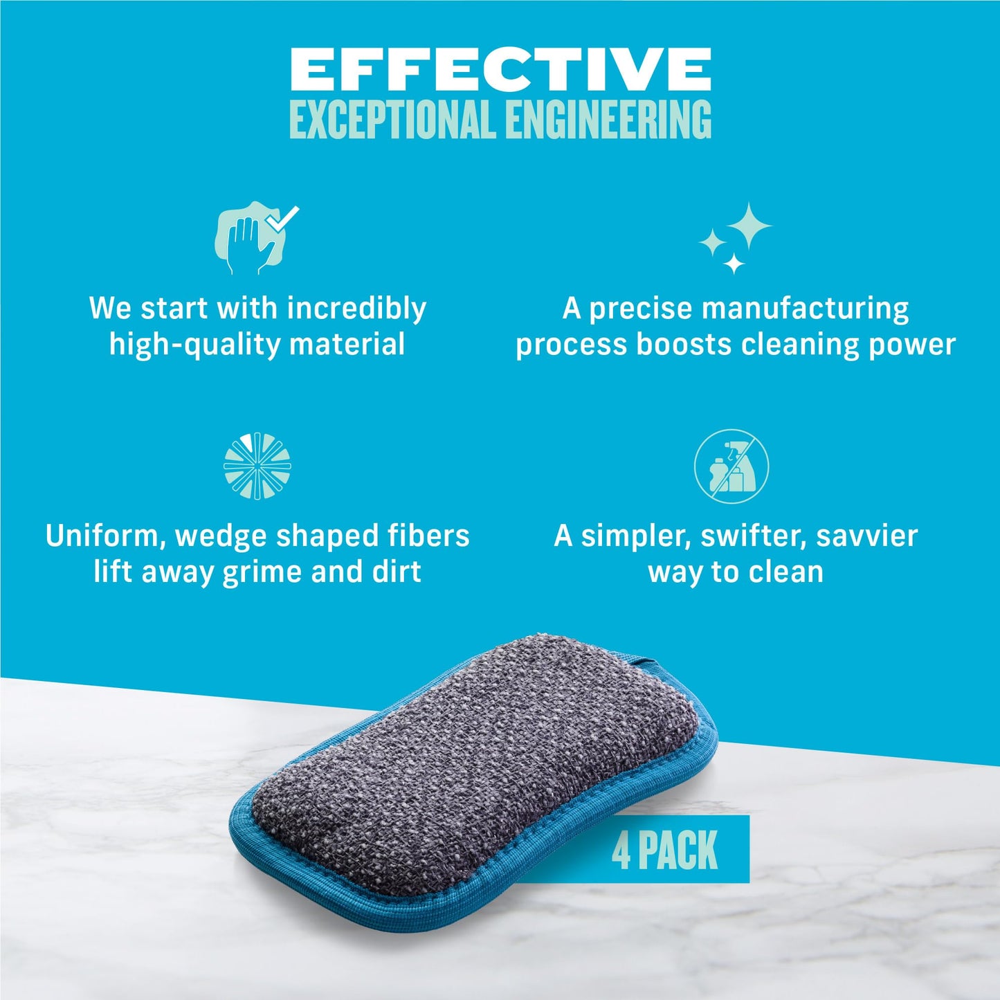 E-Cloth 4-pack Washing Up Pad, Microfibre Non-scratch Kitchen Dish Scrubber Sponge, Efficiently Cleans Dish, Sink and Countertop Cleaning, Washable and Reusable, 100 Wash Promise, Blue New Version Blue - 4 Pack Single