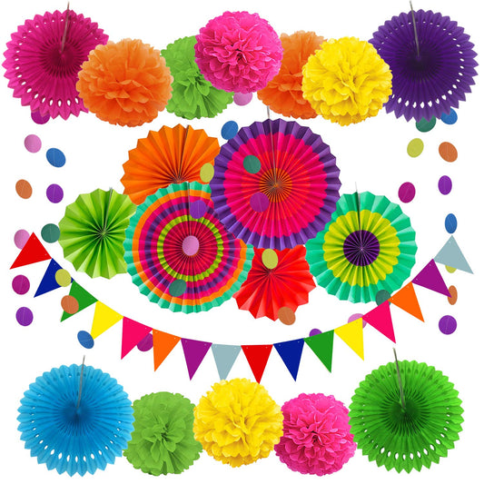 ZERODECO Party Decoration, 21 Pcs Multi-color Hanging Paper Fans Pom Poms Flowers Garlands String Polka Dot and Triangle Bunting Flags for Birthday Parties Wedding Décor Fiesta or Mexican Party Multicolor