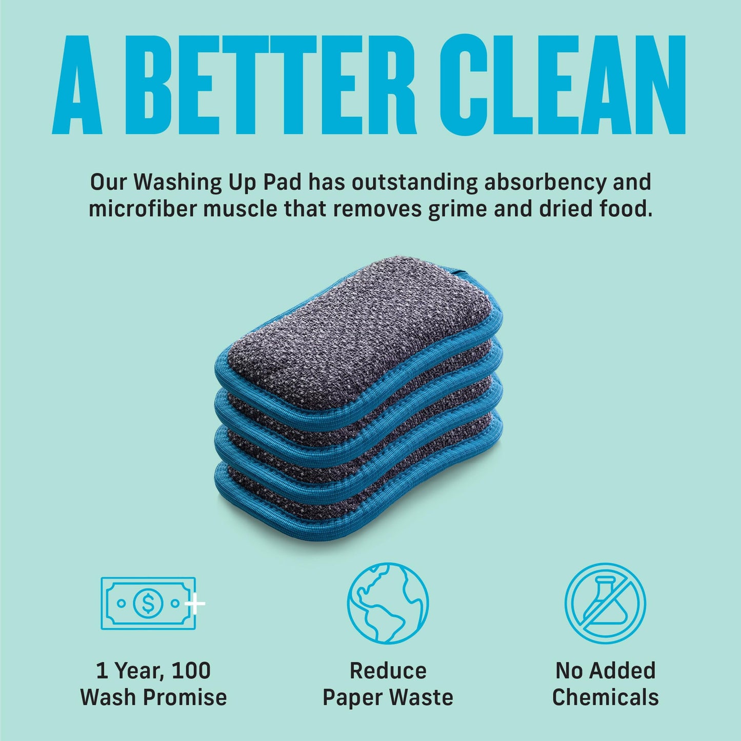 E-Cloth 4-pack Washing Up Pad, Microfibre Non-scratch Kitchen Dish Scrubber Sponge, Efficiently Cleans Dish, Sink and Countertop Cleaning, Washable and Reusable, 100 Wash Promise, Blue New Version Blue - 4 Pack Single