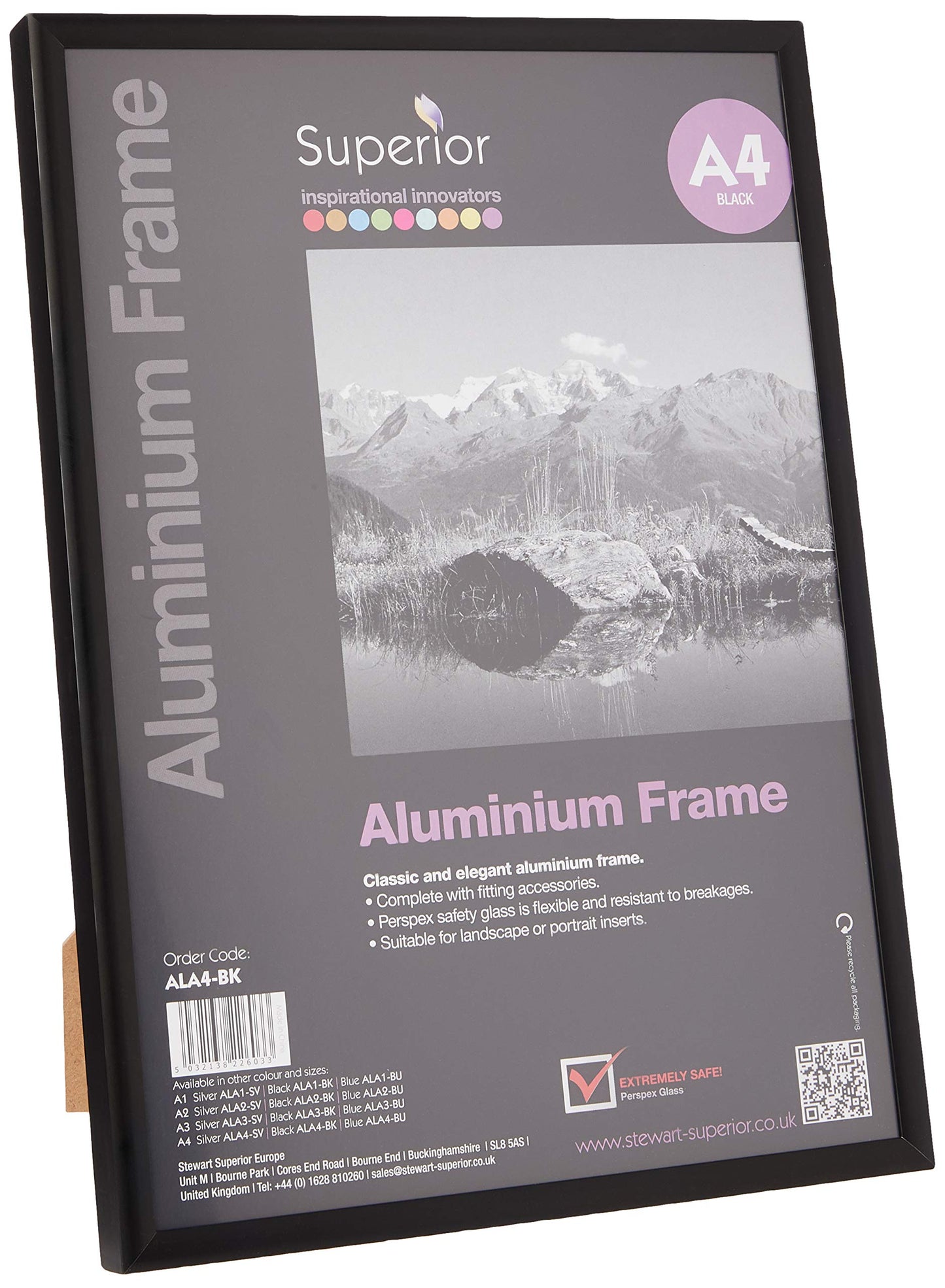 Stewart Superior A4 Brushed Aluminium Picture Frame with Perspex Safety Glass - Black