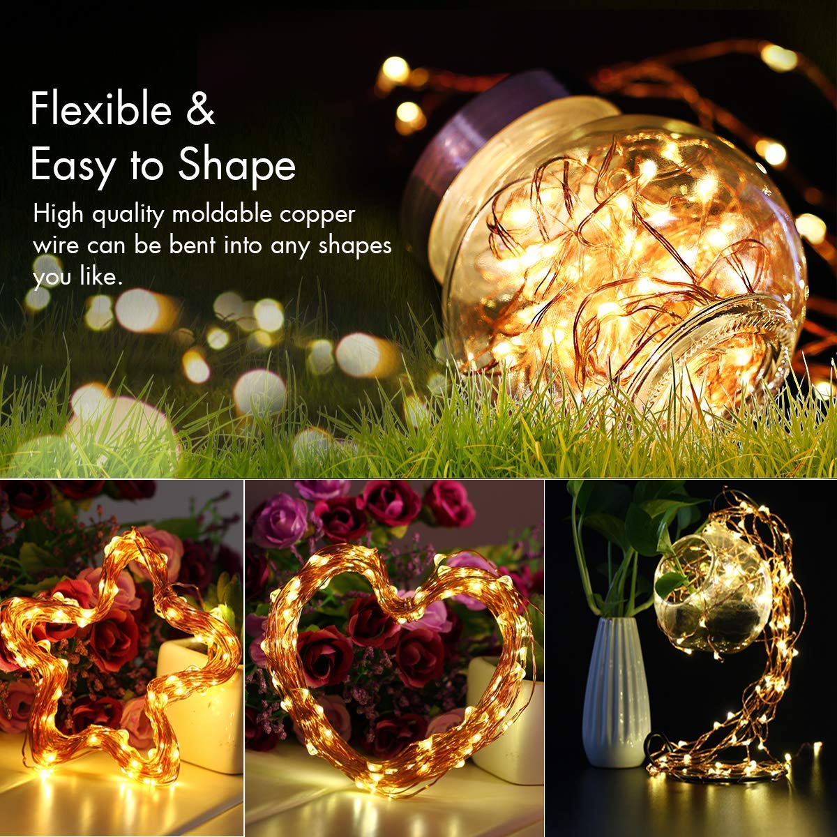 Augone [2 Pack] Fairy String Lights, 120LED 12M/40Ft 8 Modes USB Plug in Powered Lights Waterproof Outdoor/Indoor Copper String Lights with Remote Timer for Bedroom, Party, Christmas (Warm White)