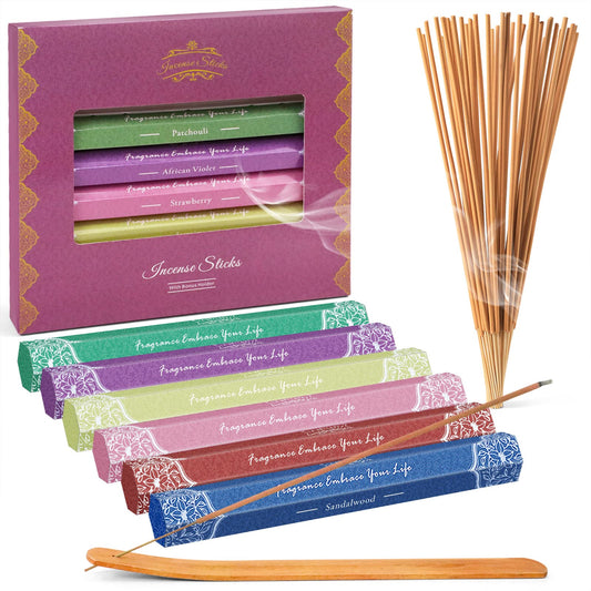 Premium Incense Sticks Variety Pack - Sandalwood, Patchouli, Jasmine, Strawberry, Violet, Cherry Incense for Meditation Purification Yoga Relaxation - 120 Sticks with Free Incense Holder Purple