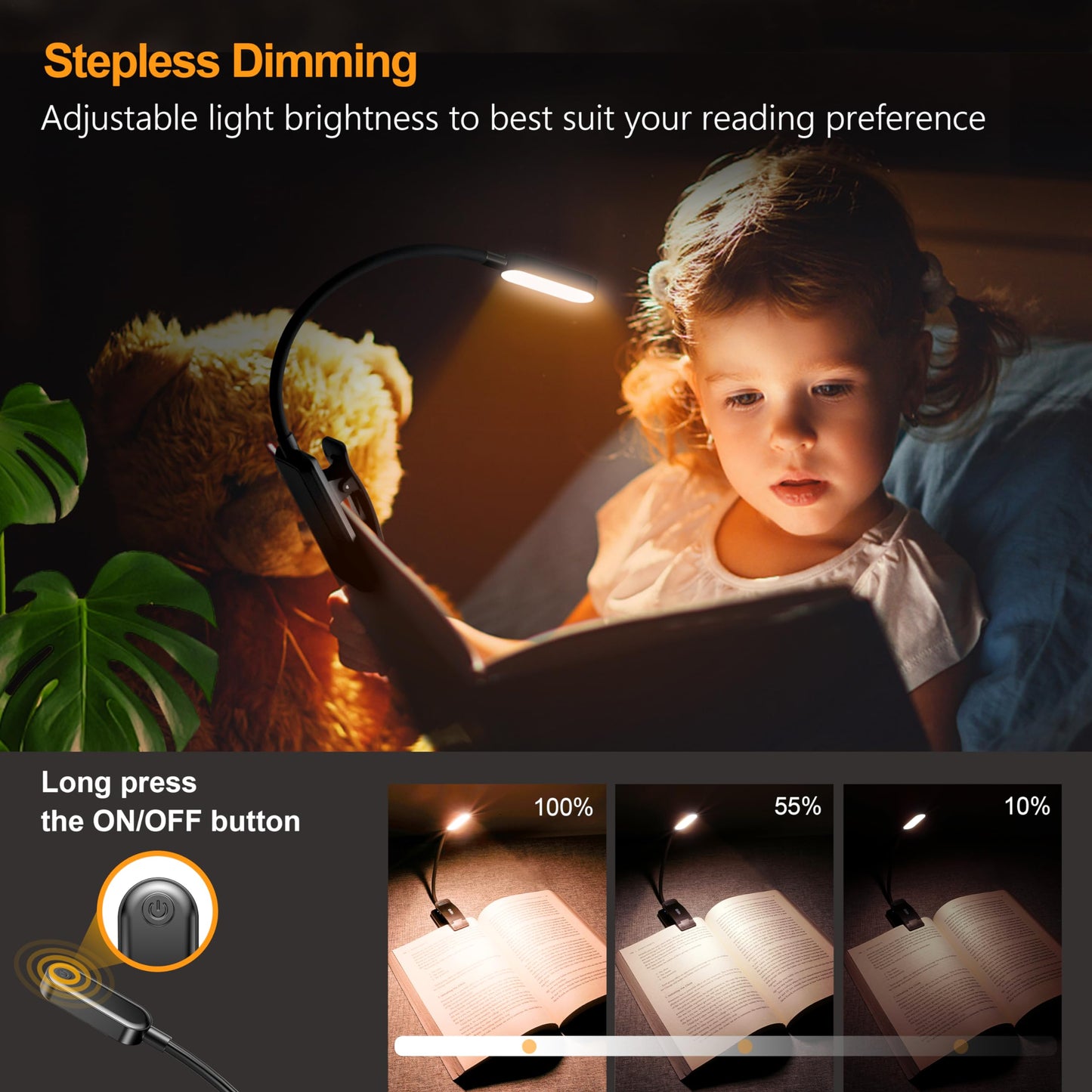 Gritin 16 LED Reading Light, Book Light 3 Eye-Protecting Modes Book Lamp (White/Amber/Mixed) - Stepless Dimming, Rechargeable, Long Battery Life, 4-Level Power Indicator, Flexible Clip on Book Light Black