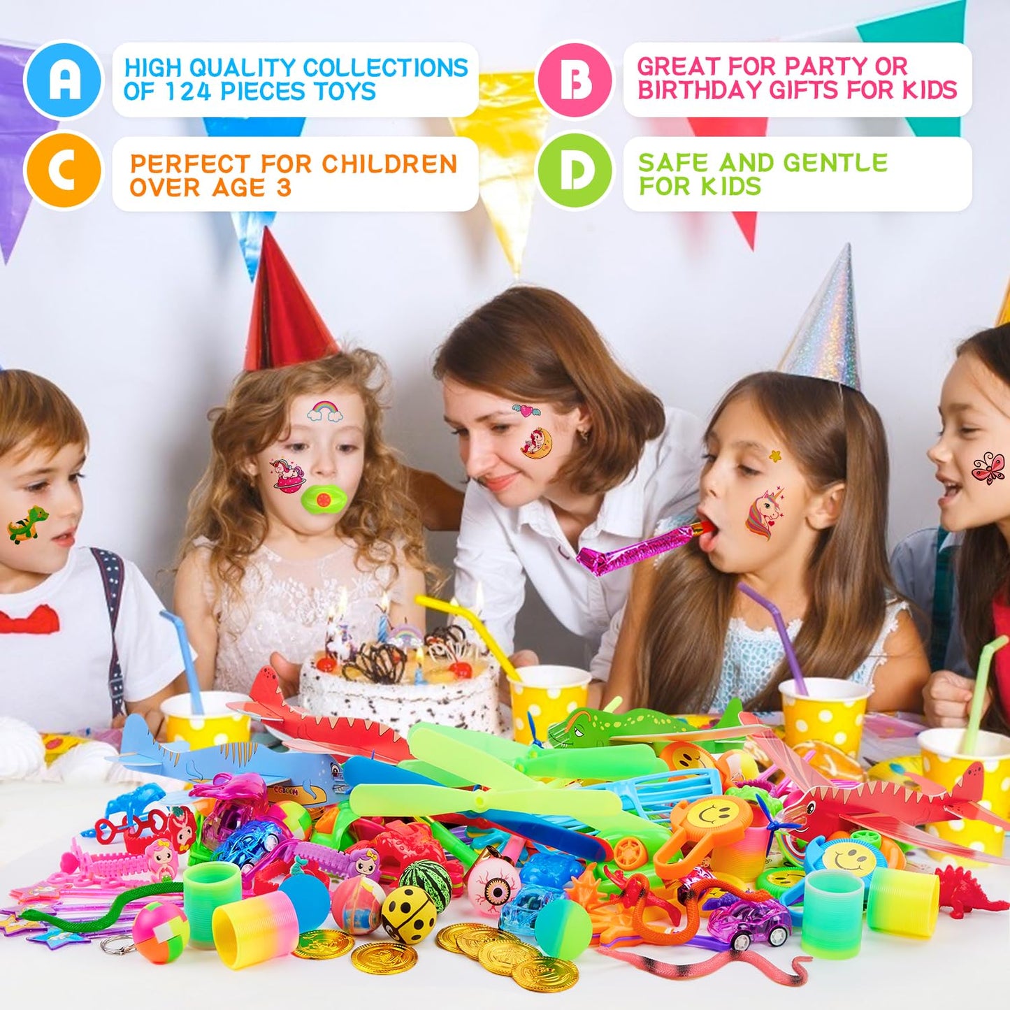 Party Bag Fillers for Kids, 124 Party Toys, Party Favors for Children, Classroom Rewards Lucky Dip Prizes Pinata Fillers Easter Gifts Stocking Fillers Goodie Bag Fillers for Children Birthday Party