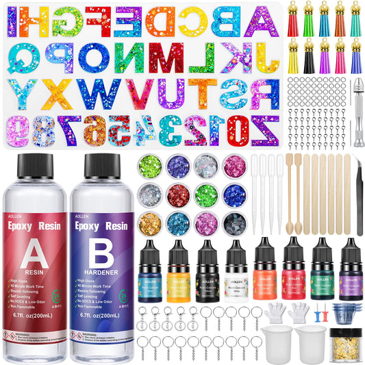 AOLLEN Epoxy Resin Kits for Beginners, 186 Pcs Letter Number Resin Silicone Moulds Keyring Making Kit, 400ml Crystal Clear Resin Accessories with Pigment, Glitter Sequin, Gold Leaf, Keychain Tassels