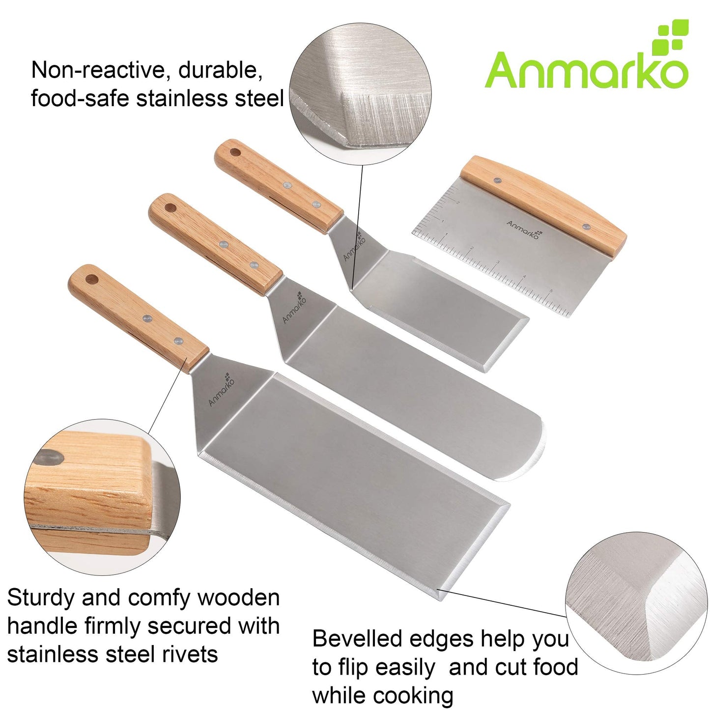 Stainless Steel Metal Spatula Set - Teppaniyaki Spatulas - Griddle Scraper Flat Spatula Pancake Flipper Turner - Metal Utensil BBQ Grill Flat Top Cast Iron Griddle Accessories - Commercial Grade Wooden Handle Set