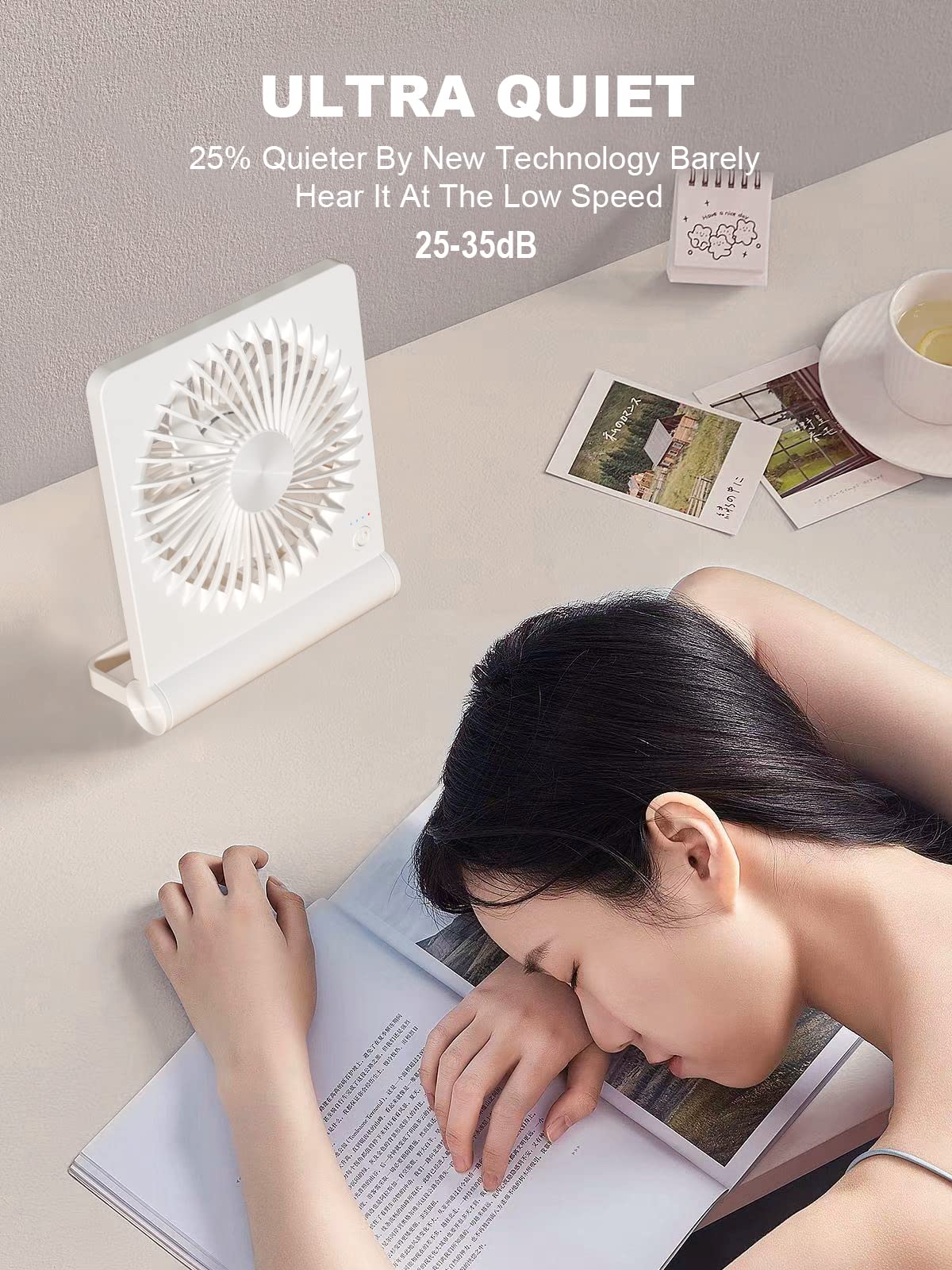 Tevelecin Small Desk Fan, 2000mAh Rechargeable USB Fan Battery Operated,3 Speeds & about 4-12 Hours Longer Working-White White