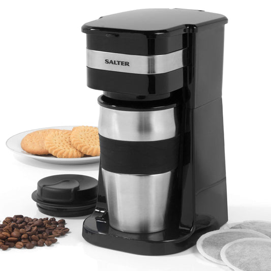 Salter EK2408 One Cup Coffee Maker – Personal Filter Coffee Machine, Washable & Reusable Filter, Includes 420ml Stainless Steel Travel Cup, Brew Single Serve Coffee In 3-4 Mins, Use Ground/Coffee Pads Filter Coffee Maker