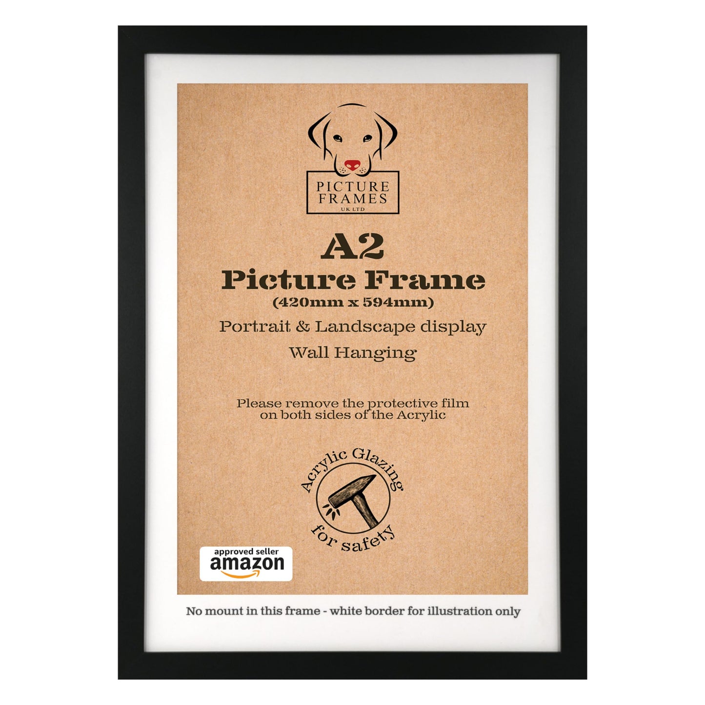 A2 Black Picture Frame - Versatile 42 x 59.4 cm Display Area, Landscape or Portrait Orientation, Sleek Design for Posters and Photos, Wall Mountable A2