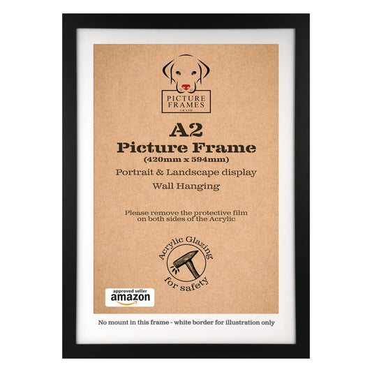 A2 Black Picture Frame - Versatile 42 x 59.4 cm Display Area, Landscape or Portrait Orientation, Sleek Design for Posters and Photos, Wall Mountable A2