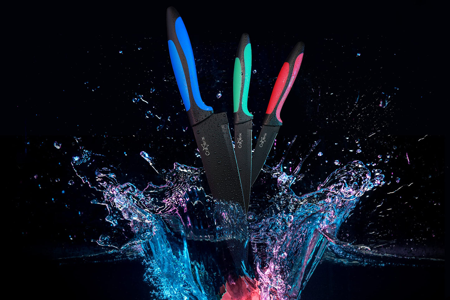 craverix Professional Kitchen Knife Set - Rust Proof, Stainless Steel - All Purpose 3 Piece Colorful Kitchen Knives(Chef, Pairing & Utility) - Firm Grip with Non Stick Coated Blades 3pc Set Blue|green|red