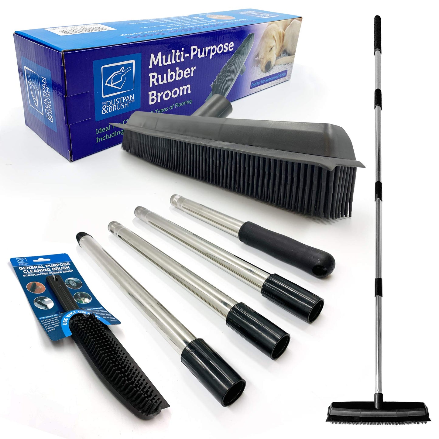 Rubber Broom Long Handle Push Broom Rubber Bristles Sweeper Squeegee with Scratch Free Bristle Broom for Pet Cat Dog Hair Ideal Cleaning Carpet Hardwood Tile Windows Clean(Rubber Broom and Hand Brush) Rubber Broom and Hand Brush