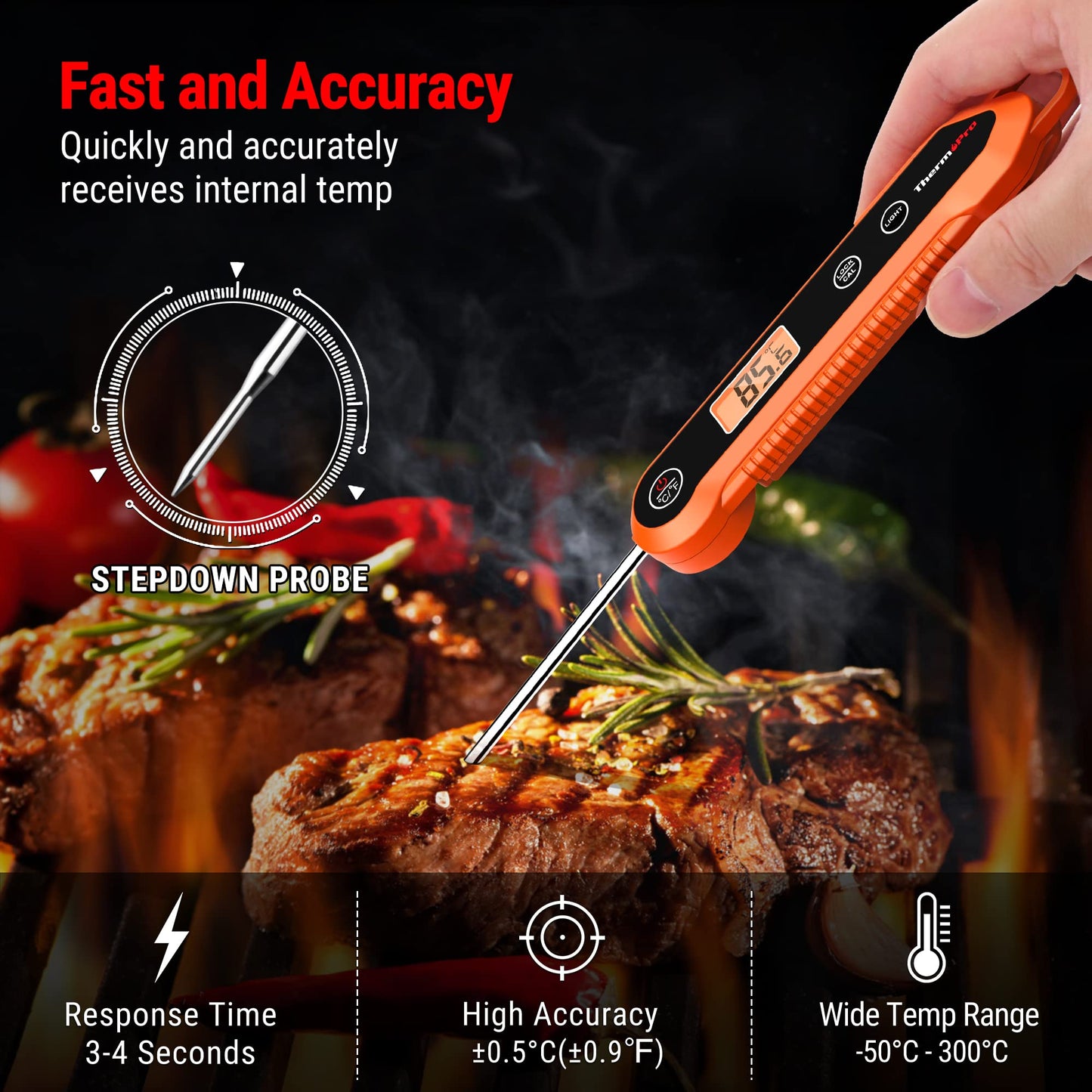 ThermoPro TP03H Meat Thermometers with Foldable Food Temperature Probe, IPX6 Waterproof Food Thermometer with Calibration Lock Function Backlight LCD Screen Cooking Thermometer for Oil Candy Milk Jam Matte Orange