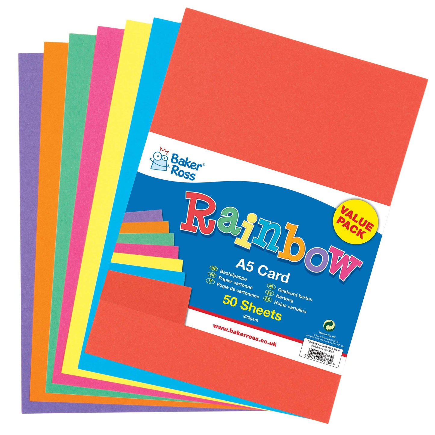 Baker Ross AV534 A5 Rainbow Coloured Card (220gsm), Perfect for Children's Art & Craft Activities, Collages, Model Making and More (Pack of 50), Assorted