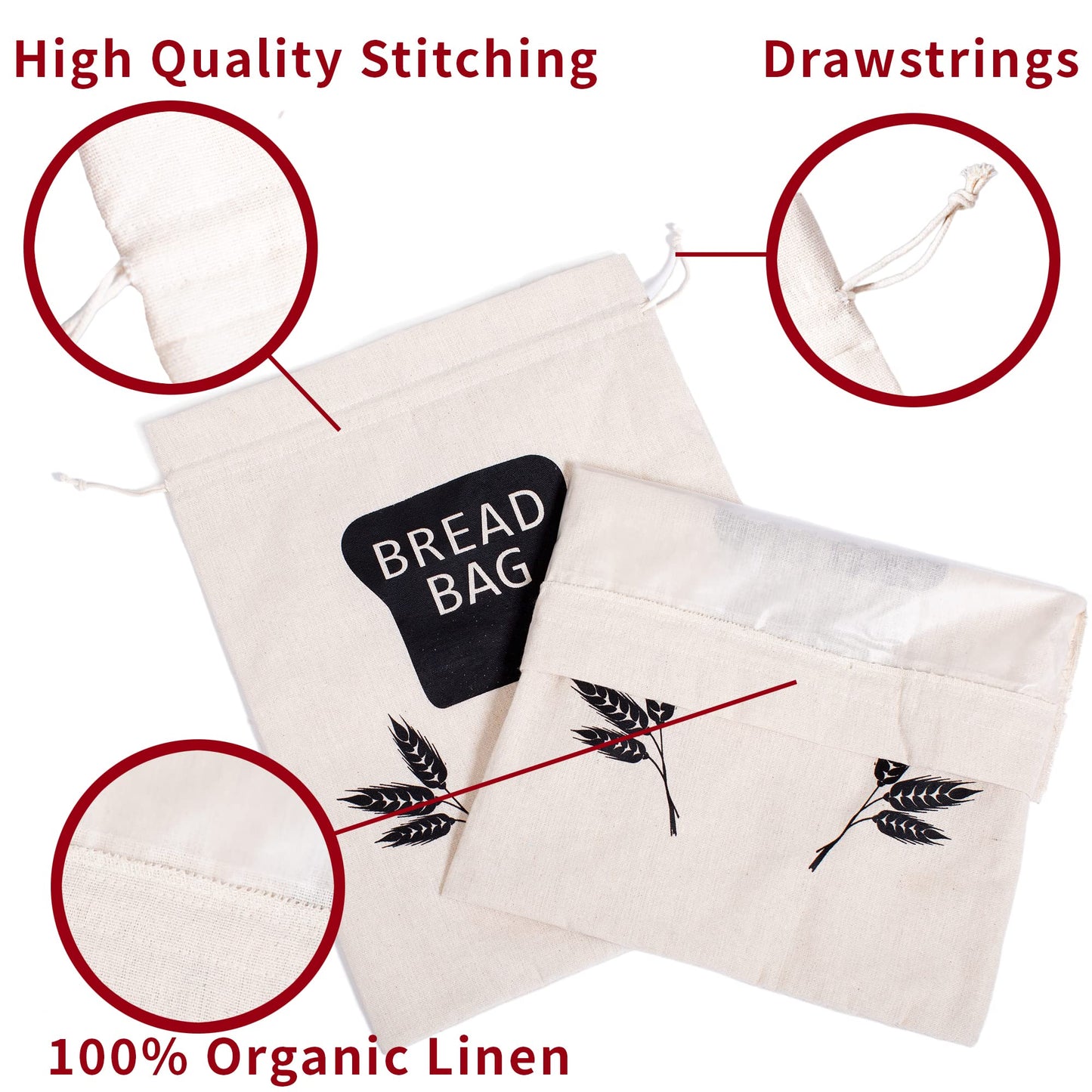 2 X Plastic Lined Bread Bags for Homemade Bread/Keep Bread Fresh – Linen Eco Bread Storage Bags - 43cm x 33cm XL