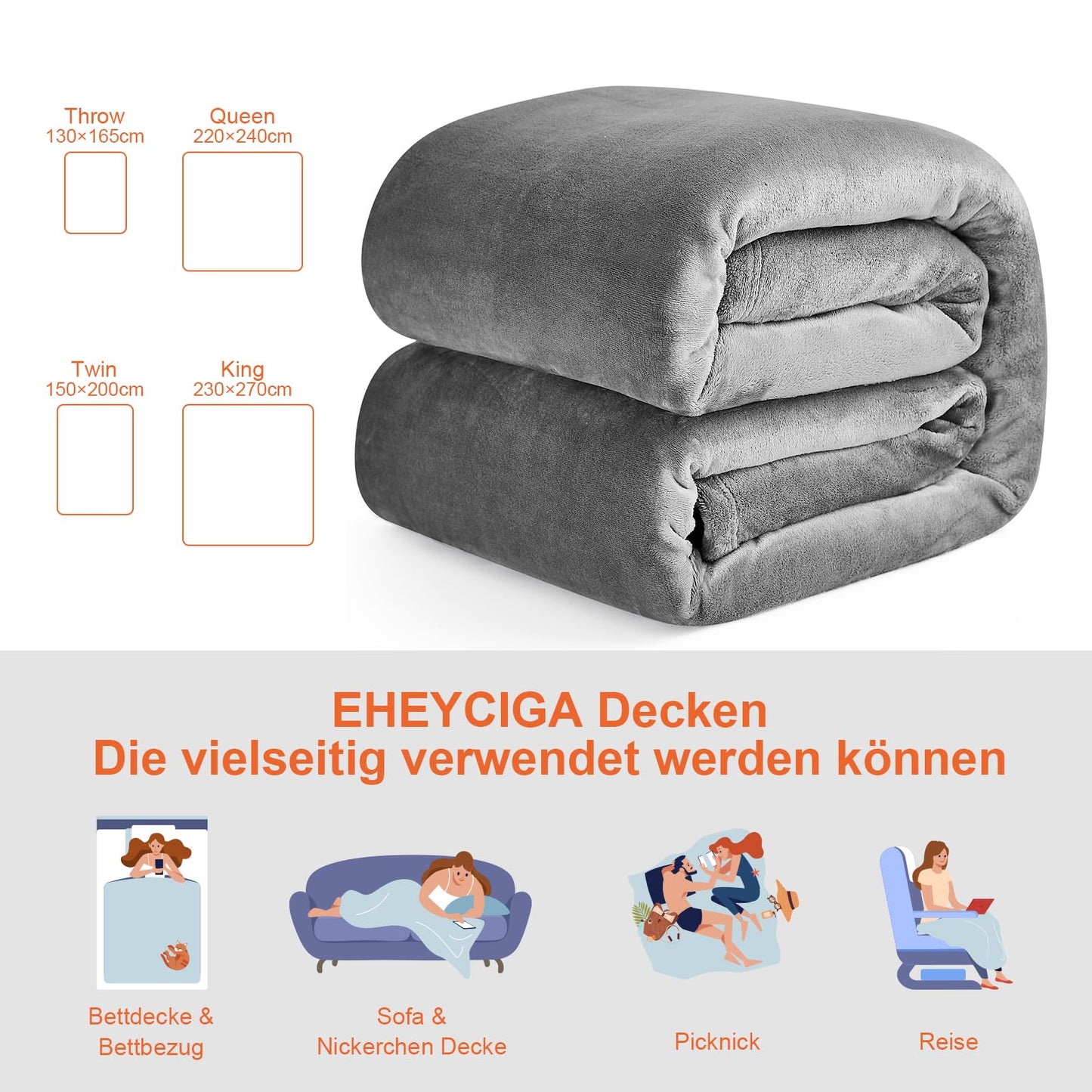 EHEYCIGA Fleece Blanket Grey Throws for Sofas Fluffy Warm Soft Blanket for Bed Settees Armchairs, Fit All Season, Double Size,150x200cm Twin/Double