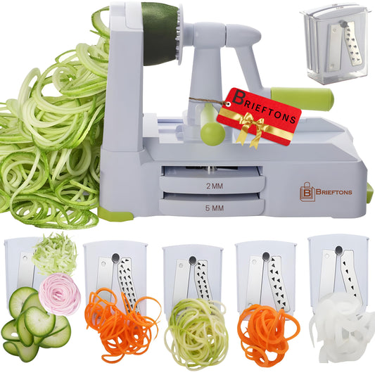 Brieftons 5-Blade Vegetable Spiralizer: Strongest-Heaviest Spiral Slicer, Best Veggie Pasta Spaghetti Maker for Low Carb/Paleo/Gluten-Free/Vegan Meals, with Extra Blade Caddy, 4 Recipe Ebooks 1. White (5 Blades)