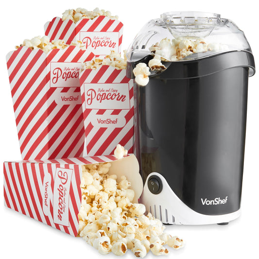 VonShef Popcorn Maker – 1200W Popcorn Machine with Hot Air Circulation, One Touch Popcorn Popper, Fat & Oil Free Snacks for Kids w/ 6 Boxes - Black