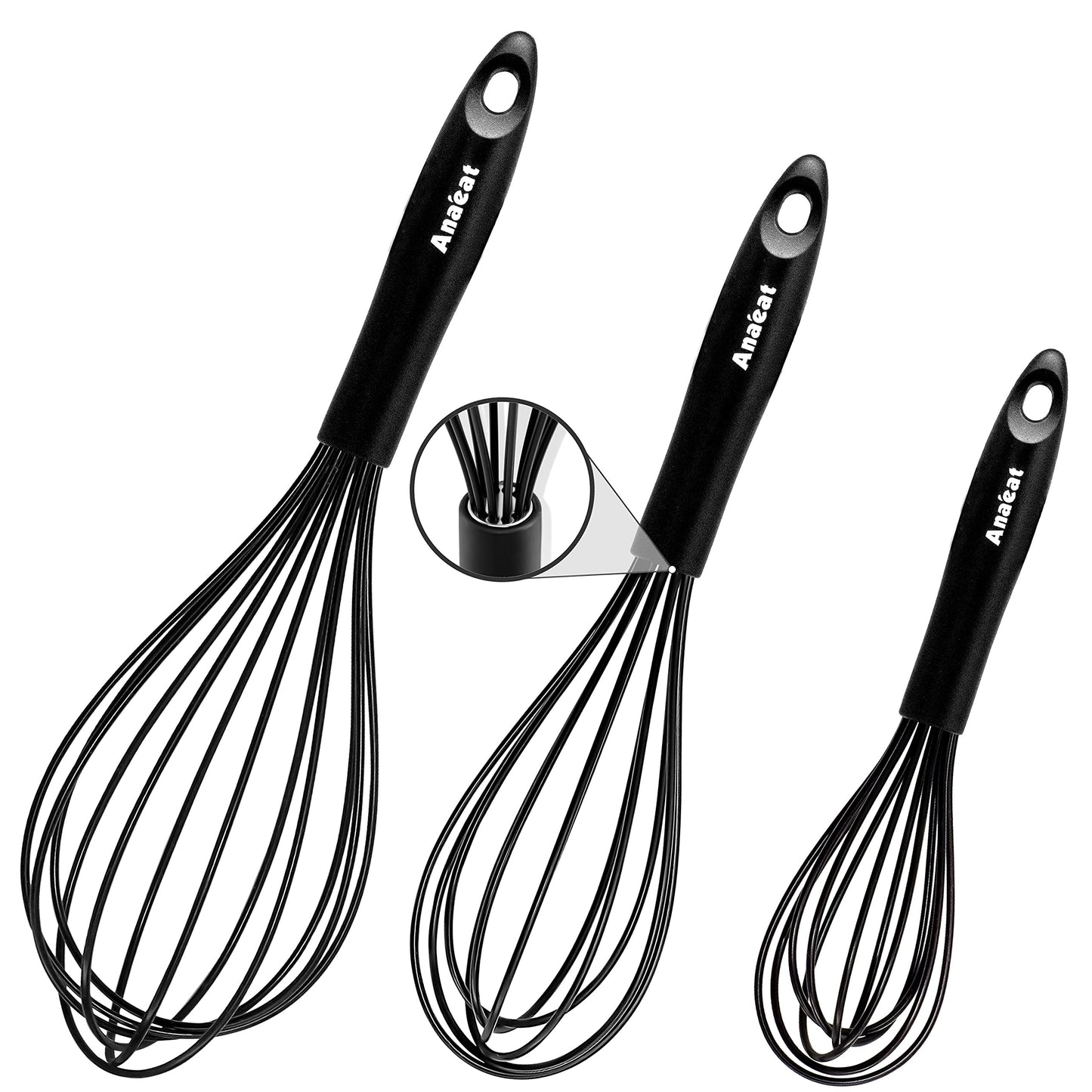 Anaeat Silicone Balloon Whisk, Perfect for Non-Stick Cookware, Milk and Egg Beater Blender, Heat Resistant Kitchen Whisks for Whisking, Cooking, Baking, Beating, Frothing & Stirring (Black) Black (23cm+26cm+31cm)